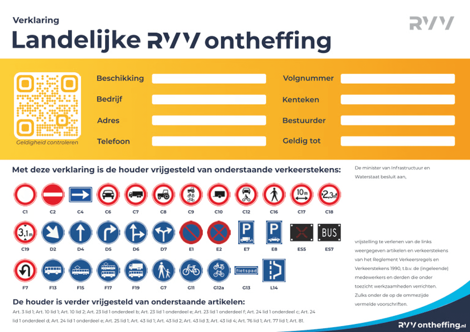De raamkaart met QR-code, beschikkingsnummer, kenteken en vrijgestelde verkeerstekens